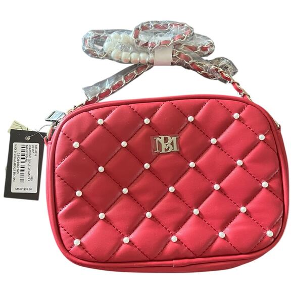 Badgley Mischka Red Pearl Silver Diamond Quilted Crossbody Camera Bag NWT - Picture 2 of 5